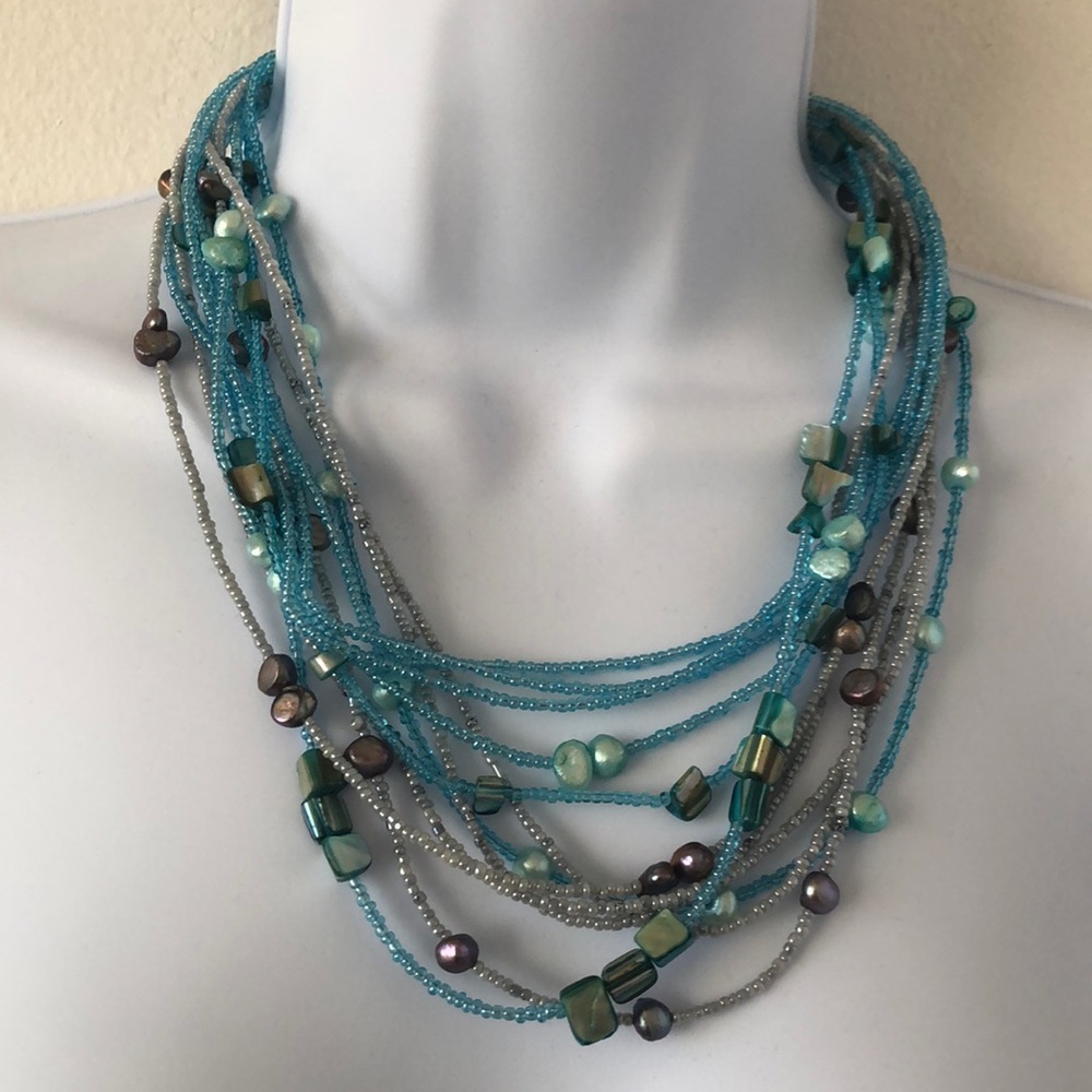 Beautiful Handmade Bead, Pearl, and Stone‎ Multi-Strand Necklace- EUC